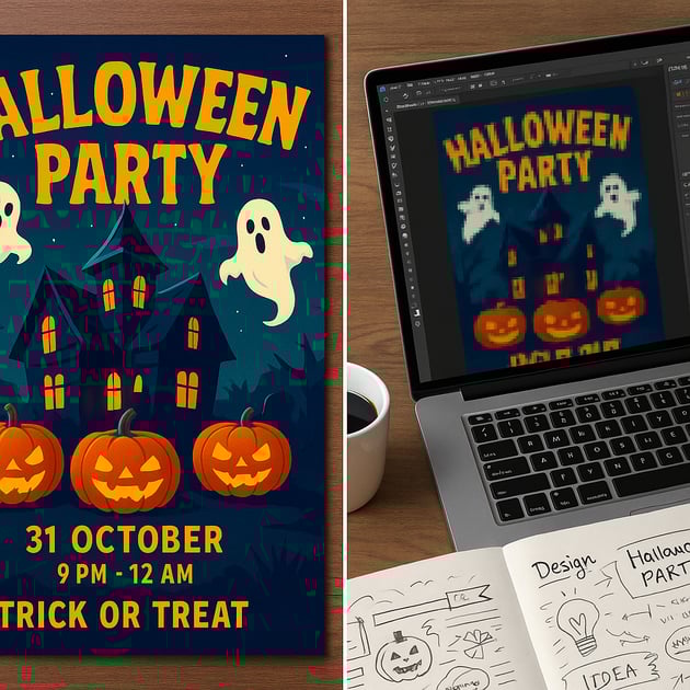 Printed invitation designed by AI shown both printed and on a laptop